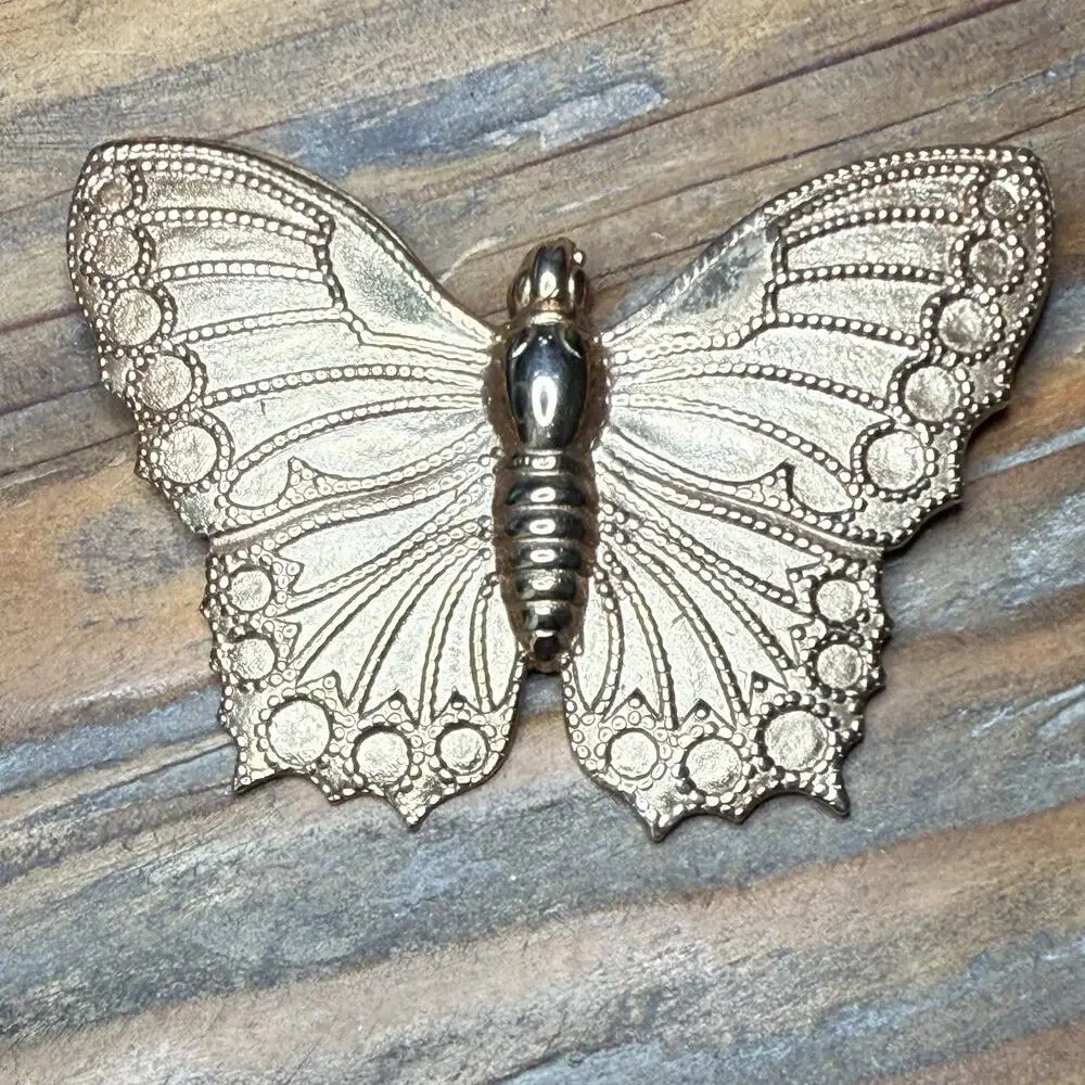 Vintage Butterfly Brooch Gold Tone Large Stamped Repousse Style Pin